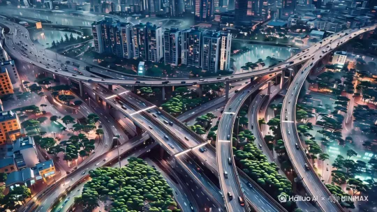 风格： 赛博朋克
画面内容：立交桥，城市，车水马龙，动物在立交桥上与车辆奔跑
镜头效果：航拍视角，广角
[右摇,变焦推进] by Hailuo AI Video Generator