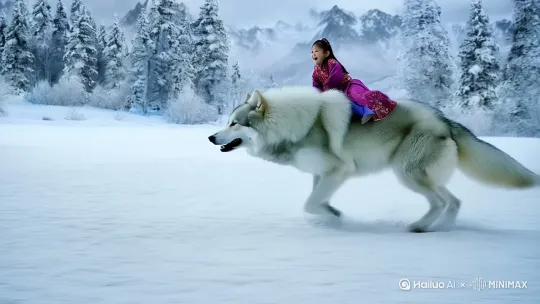 一只巨型白狼驮着一位身穿汉服的中国小女孩，在雪地里奔跑，令人兴奋，充满冬季运动的场景。 by Hailuo AI Video Generator