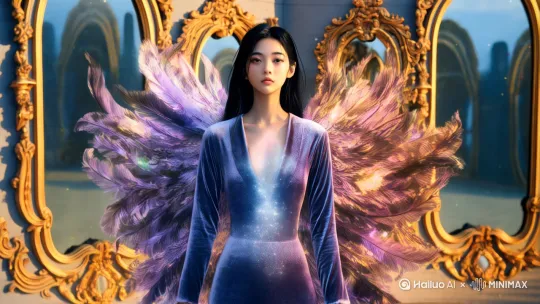 ((masterpiece)), 1girl, full body, intricate feather transformation, 
(surreal fantasy:1.3), golden hour lighting, 
dynamic composition, ultra-detailed 8k,
-- 核心要素 --
1. **主体特征**： 
   - 女子肌肤逐渐被虹彩羽毛覆盖，每片羽毛呈现(蓝紫色渐变+琥珀色光泽) 
   - 羽毛生长动态：从锁骨向四肢蔓延，末端有(半透明发光粒子飘散)
2. **特效细节**： 
   - 羽毛材质：(丝绒质感+水银流动纹理)，根部镶嵌(微型星云状光斑)
   - 能量场：腰部扩散出(菱形光波涟漪)，与羽毛生长节奏同步脉动 
3. **环境融合**： 
   - 背景：(破碎的巴洛克镜面空间)，镜中反射女子未变异的正常形态 
   - 光影：(逆光丁达尔效应)+羽毛投射的(棱镜彩虹光斑)
4. **风格强化**： 
   - 艺术风格：Greg Rutkowski × 天野喜孝 × 莫奈印象派笔触
   - 特殊参数：chaos 85, stylize 650, --ar 16:9 by Hailuo AI Video Generator