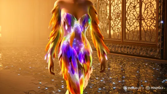 ((masterpiece)), 1girl, full body, intricate feather transformation, 
(surreal fantasy:1.3), golden hour lighting, 
dynamic composition, ultra-detailed 8k,
-- 核心要素 --
1. **主体特征**： 
   - 女子肌肤逐渐被虹彩羽毛覆盖，每片羽毛呈现(蓝紫色渐变+琥珀色光泽) 
   - 羽毛生长动态：从锁骨向四肢蔓延，末端有(半透明发光粒子飘散)
2. **特效细节**： 
   - 羽毛材质：(丝绒质感+水银流动纹理)，根部镶嵌(微型星云状光斑)
   - 能量场：腰部扩散出(菱形光波涟漪)，与羽毛生长节奏同步脉动
3. **环境融合**： 
   - 背景：(破碎的巴洛克镜面空间)，镜中反射女子未变异的正常形态
   - 光影：(逆光丁达尔效应)+羽毛投射的(棱镜彩虹光斑)
4. **风格强化**： 
   - 艺术风格：Greg Rutkowski × 天野喜孝 × 莫奈印象派笔触
   - 特殊参数：chaos 85, stylize 650, --ar 16:9 by Hailuo AI Video Generator