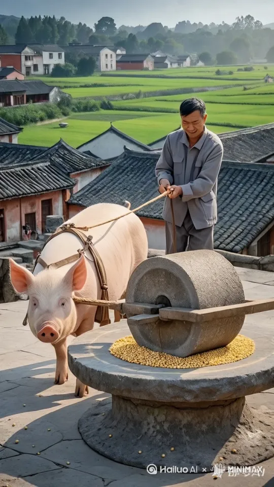 镜头移动，动态跟随，大爷使劲抽打猪，猪使劲挣扎并拉走磨盘，产生很多灰尘。 by Hailuo AI Video Generator