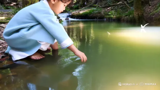 泉眼无声惜细流：男童在清泉岸边玩水、清泉、泉眼、涓涓细流、静谧山林[左移,推进,右摇] by Hailuo AI Video Generator