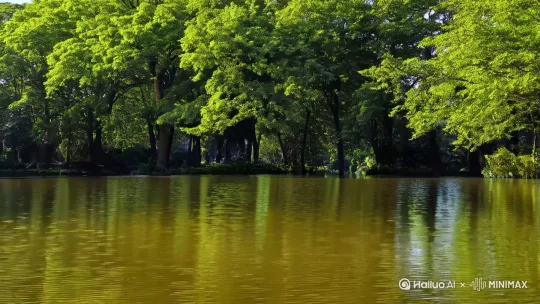 [推进,上升] 树阴照水爱晴柔：繁茂绿树、水中倒影、柔和日光、平静水面 by Hailuo AI Video Generator