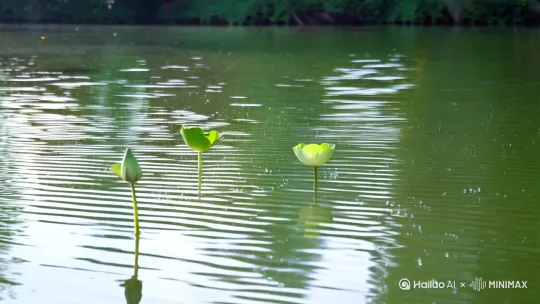 小荷才露尖尖角：初绽荷叶、嫩绿水塘、尖角新荷、晶莹露珠[左移,右摇,跟随] by Hailuo AI Video Generator