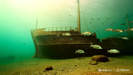 海底沉船旁鱼儿游来游去 by Hailuo AI Video Generator