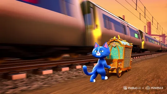 一直蓝色的猫一只蓝色的猫在高铁前拉车 by Hailuo AI Video Generator