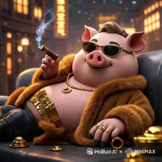 一只胖乎乎的小猪穿着金光闪闪的貂皮大衣，戴着墨镜，手上戴满金戒指，嘴里叼着雪茄，一副“猪光宝气”的样子 by Hailuo AI Video Generator