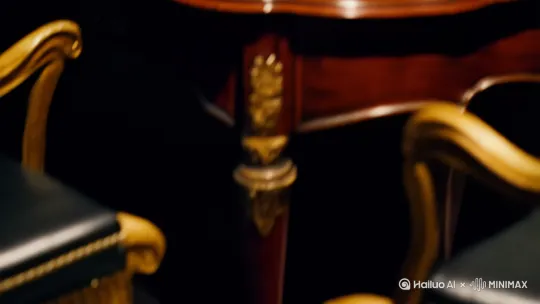 镜头从一片昏暗环境的低机位地面镜头开始,缓缓前推并上升,随着镜头的上升,画面中出现一张奢华的木桌,镜头继续上升,拍摄到木桌之后昏暗的环境里坐着一个正对镜头的人,这个人的面部被一束顶光照亮,胸口上戴着一朵鲜红的玫瑰,画面构图和明暗色彩类似《教父》。 by Hailuo AI Video Generator