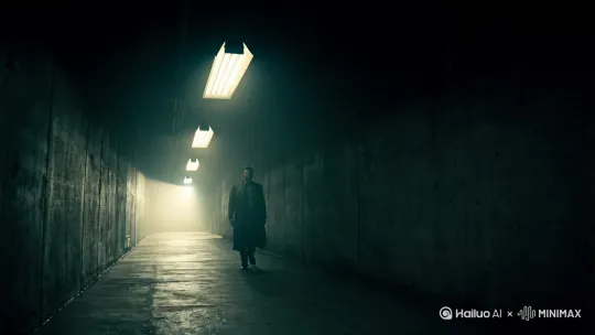 A dimly lit concrete corridor, overhead fluorescent lights casting cold glow, a figure in long dark coat walking away from camera, shadowy atmosphere, low saturation color palette, cinematic lighting with strong contrast, eerie and tense mood, detailed textures of corridor walls and floor. by Hailuo AI Video Generator