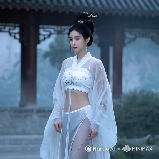 她低下头，盯着袖边飘动的青绿色纱料，手指轻轻挑起一缕，任衣摆像波浪般翻卷。随后抬头望向屋檐下摇晃的流苏，又伸手去够窗外斜照进来的阳光。转身时，长裙旋出一个漂亮的弧度，带得满地光影跟着晃动 by Hailuo AI Video Generator