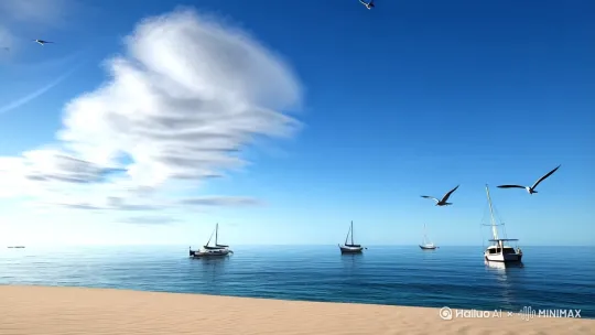 帮我生成一个9:16的视频:
蓝天上飘着几朵白云,下面海水中飘着几支帆船,有几只海鸥在飞舞,远处清山可见,近处沙滩上用贝壳组成个“心”形,旁边一支玫瑰花,“心”形中间用沙子写着“爱”,海水声伴随着海鸥叫声。 by Hailuo AI Video Generator