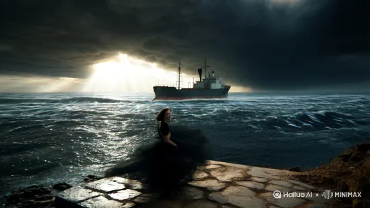 Gloomy seaside setting with towering dark storm clouds, rays of light breaking through. A weathered cargo ship anchors on choppy waters, waves crashing against the shore. A woman in a flowing black dress stands on a stone platform, her gown billowing in the wind. Combine dramatic lighting, textured ocean waves, and a desolate beach to emphasize the somber, mysterious atmosphere. by Hailuo AI Video Generator