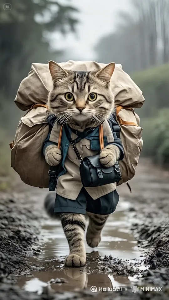 背着包裹，背井离乡，穿着衣服的拟人化猫咪，走在泥泞路路上，天空下着雨 by Hailuo AI Video Generator
