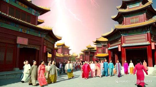 在一个热闹繁华的街道，街道是唐代风格、街道上有来来往往的唐人，天空中突然出现一道闪电，街道上所有人都停下脚步、并抬头看上天空，天空中出现一个身着白色西装的男孩，脚踩跑车缓缓降下 by Hailuo AI Video Generator