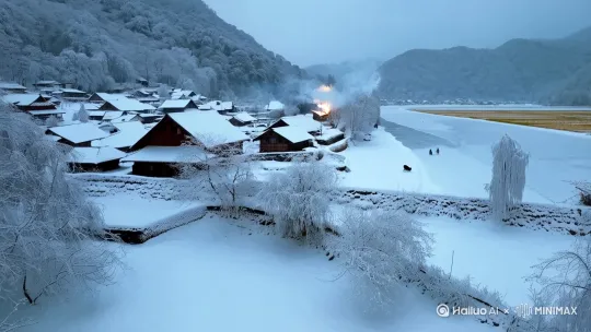 冬天的乡村，在一场大雪过后，银装素裹，宛如一个童话世界，处处透着宁静与素洁。
 
整个村子被洁白的雪花覆盖，屋顶上、树枝上、地面上，都像是铺上了一层厚厚的白色棉被。农舍的烟囱里，依旧飘出袅袅炊烟，那淡淡的烟雾在寒冷的空气中缓缓上升，给这寒冷的冬日增添了几分温暖的气息。
 
田野里，一片白茫茫的，往日金黄的稻田和翠绿的菜地都被大雪掩埋，仿佛进入了沉睡。偶尔能看到几只野兔在雪地里奔跑，留下一串串清晰的脚印，打破了雪地的宁静。
 
村边的小河结了一层厚厚的冰，像是一面巨大的镜子，倒映着岸边洁白的树木和远处连绵的山峦。孩子们在冰面上嬉笑玩耍，有的在滑冰，有的在打雪仗，他们的欢声笑语在空旷的冬日乡村里回荡，为这片宁静的世界增添了几分生机与活力。
 
山林里，树木的枝干上堆积着厚厚的积雪，像是盛开的白色花朵。常青树的叶子在白雪的映衬下，显得更加翠绿，为这银白的世界增添了一抹别样的色彩。偶尔能听到树枝被积雪压断的声音，“咔嚓”一声，在寂静的山林里格外响亮。在这宁静的冬日乡村，时间仿佛都慢了下来，让人尽情享受这份宁静与美好。 by Hailuo AI Video Generator