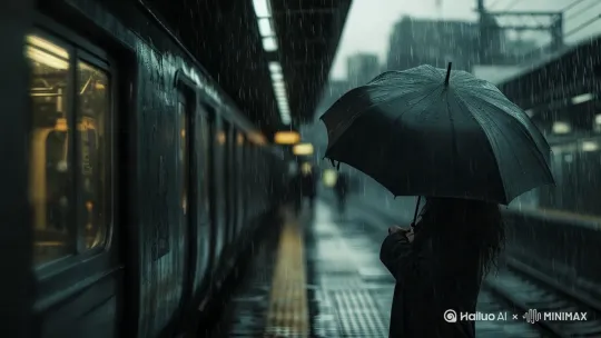 远景、拉远镜头、阴沉灰调（略带雨雾）、火车站台、女孩撑伞送、雨点打伞、列车启动、女孩眼中含泪、16:9画幅 by Hailuo AI Video Generator