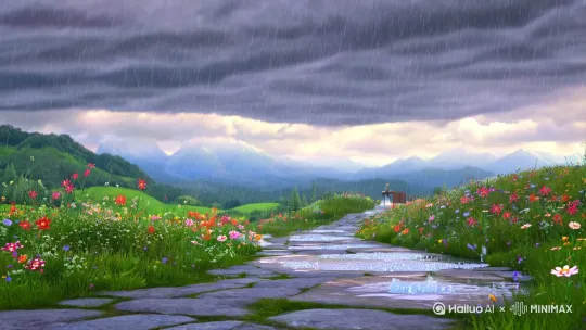 场景氛围：

阴雨绵绵的夏日午后，灰蓝色的云层低垂，雨丝如细密的银线轻柔洒落，远处山峦笼罩在薄雾中，若隐若现的绿意与天际交融。
石板小路蜿蜒延伸，两侧野花在雨中摇曳，水洼泛着珍珠般的光泽，雨滴落下时激起细小涟漪，仿佛水面跳跃着精灵。
背景音乐：空灵的钢琴旋律夹杂雨声、树叶沙沙声，偶尔传来悠远的风铃叮咚，营造治愈与淡淡忧伤交织的情绪。
角色与动作：

小女孩（约8岁）：蓬松的短发被雨水打湿微翘，身着浅黄色棉布连衣裙和红色雨靴，衣角随风扬起。
她赤着脚在雨中奔跑，眼神清澈明亮，带着急切的天真，仿佛追逐一只隐形的小龙猫或萤火虫。
手中的红色旧布伞突然被一阵调皮的风卷走，伞骨轻弹地面后翻滚着滑向路旁，伞面溅起的水花化作星星点点的光晕。
镜头语言：

全景俯拍：女孩从画面右下方向左前方奔跑，雨伞脱离手心时慢动作定格，雨滴悬浮空中折射出彩虹微光。
特写镜头：伞柄残留的温度蒸腾出白雾，一只蜗牛缓缓爬上伞骨，叶片上的雨珠倒映女孩回眸的瞬间。
动态跟随：镜头低角度贴近地面，随女孩脚步掠过青苔石板，飞溅的泥点化作闪烁的金粉消散在风中。
奇幻细节：

雨幕中隐约浮现半透明的“雨精灵”（透明水母状生物），轻盈掠过女孩肩头，发出风铃般的轻笑。
掉落的雨伞旁悄然生长出蓝色发光蘑菇，伞面水痕蔓延成藤蔓状花纹，暗示自然魔力的悄然苏醒。
调色参考：
柔和水彩质感，主色调为青灰、苔绿与暖黄，高光处点缀宫崎骏标志性的奶油色光晕，阴影泛着淡淡的紫调，营造梦境般的通透感。[推出,上升,下摇] by Hailuo AI Video Generator