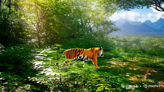 生成一副
背景：
一个茂密的森林，阳光透过树叶洒下斑驳的光影。
远处可以看到连绵的山脉和蓝天白云。
2.
角色：
一只威风凛凛的老虎，橙色的皮毛上有黑色的条纹。 by Hailuo AI Video Generator