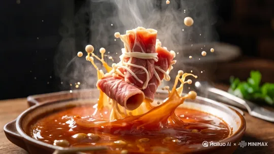 羊肉片缓慢落入沸腾的火锅[变焦推进] by Hailuo AI Video Generator