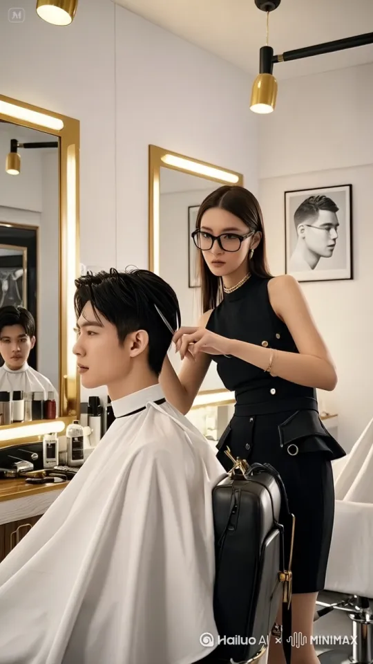 镜头移动，动态跟随，只见美女理发师先是高高跃起，在空中来了个漂亮的回旋，落地后双手如暴风骤雨般舞动，手中剪刀顺势发力，双手在顾客头上飞速旋转，剪出的头发漫天飞舞，纷纷扬扬地飘落在四周，随着剪刀的快速移动，顾客的头发变成光头，顾客面带微笑 by Hailuo AI Video Generator