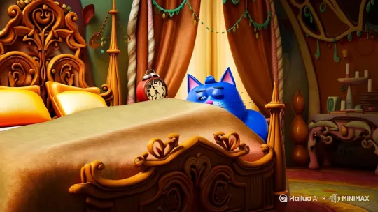 一个胖蓝猫人在床上起来，看了一下闹钟，然后坐在了马桶上 by Hailuo AI Video Generator