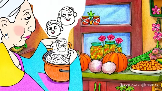 彩色简笔画，卡通风格，治愈系插画，生动童趣手绘风笔触，老奶奶在厨房间里守着小小的砂锅搅动米粥，蒸汽幻化成笑脸，厨房摆着南瓜洋葱等食材，窗台咸菜罐与平安结，城市的厨房 by Hailuo AI Video Generator