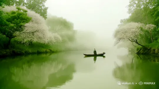江上小船，船上一人，朦胧雾气，两岸树木，部分树木有白色花朵，平静水面，水面倒影，淡绿色调，中式意境，宁静氛围 。 by Hailuo AI Video Generator