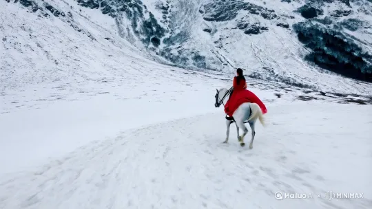 雪山脚下，一个骑着白马的红衣女子，向远方飞奔过去，[推进,右摇,跟随] by Hailuo AI Video Generator
