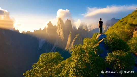 站在山上，望着远处的大山，你仿佛置身于一幅壮丽的自然画卷中。大山巍峨耸立，山上的树木郁郁葱葱，阳光洒在大地上，给整个景象增添了一层金色的光辉。

在这幅画卷中，鸟儿们在山间自由飞翔，它们的鸣叫声在山谷中回荡，仿佛在为这美丽的景色增添动听的乐章。太阳的光芒透过云层，洒在山间，照亮了每一片树叶和每一块岩石，使得整个景象更加生动和充满活力。

这样的自然美景总能让人心旷神怡，感受到大自然的伟大和宁静。你是否也感受到了这种宁静和美好呢？ by Hailuo AI Video Generator