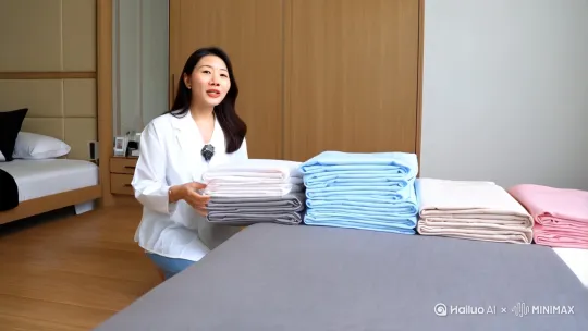 一个从未出现过的中国女人30岁[左移,右摇,跟随] 在卧室里卧室里有张床 床垫套上床笠是灰色的 在床上面有叠好的8种颜色床笠叠在一起 分别是灰色白色米黄色粉色浅灰色蓝色玉色浅蓝色  内容是母婴级别防滑 [右移,左摇,跟随]这个女人正蹲在床边手里拿着床笠在介绍产品 说话的内容是 磨毛亲肤床笠 防滑防走位 柔软细腻 裸睡的 我就选这个    防尘防滑 母婴级别水洗床笠 视屏时常一分钟 要有高级感 真实感  不要出现字幕[右移,跟随] by Hailuo AI Video Generator