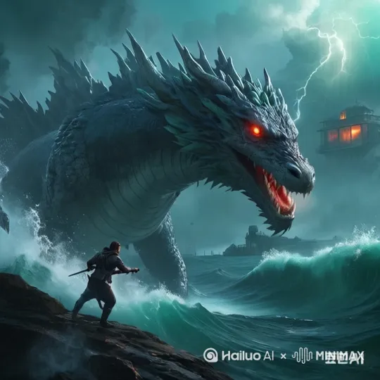 描述整体场景：包括海洋环境、天气效果和氛围这是一个风暴肆虐的海边场景，乌云密布，狂风巨浪拍打着海岸，整体氛围恐怖而梦幻。巨龙的动作细节：
巨龙浮出海面，巨大的鳞片闪烁着冰冷的光芒，翅膀张开，狂风巨浪似乎要吞噬一切。它的眼睛发出红色的光芒，张开大口，露出锋利的牙齿，你的动作细节：你站在岩石上，手持武器，目光坚定地看着巨龙。你慢慢爬上巨龙背上，动作谨慎而坚定，每个关节的动作都清晰可见。环境互动：狂风巨浪拍打着你的身体，海浪的冲击力让你几乎站不稳，但你依然坚定地爬上巨龙背上。光影效果：白天乌云密布，夜晚闪电划破长空，光影效果更加明显，增强了恐怖和梦幻的氛围。摄像机运动：摄像机从远处缓缓拉近，展示巨龙浮出海面的场景，然后跟随你的动作，展示你爬上巨龙背上的过程。 by Hailuo AI Video Generator