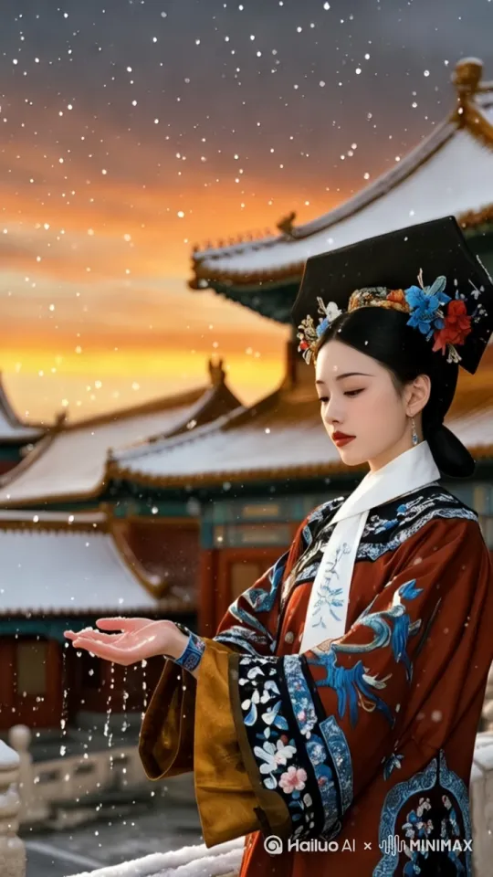 漫天雪花飞舞，人物双手接住雪花，眼神似乎落在了上面，随后转眼望着正前方，在思考人生中的无奈 by Hailuo AI Video Generator