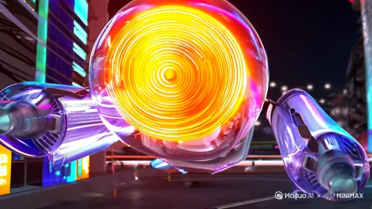 （8K HDR10 + 镜头以每秒 12 度速率环绕运镜，120fps 升格捕捉动态细节。主光源取城市霓虹冷光（6500K），辅光为建筑电子屏漫射光（4000K），在透明机器人表面形成科技感光影层次。）
（主角采用聚碳酸酯复合玻璃材质，透明度 92%，内部机械结构含钛合金骨架 + 液态金属连接件。橙色能量核心以量子点技术发光，波长 590nm，表面能量流以 0.8m/s 速率螺旋循环，透过透明球体头部可清晰看见 16 层精密齿轮组联动。）
（机器人手臂透明管道内，荧光冷却液以每秒 3 次脉冲流动，机械关节处镶嵌纳米级 LED 阵列，随动作释放 0.1 秒短暂强光。悬浮移动时，反重力装置产生淡蓝色离子尾迹（浓度 2000 颗粒 /mm³），与橙色能量形成冷暖视觉对冲。）
（环境构建：未来城市建筑外覆全息幕墙，实时播放分辨率 8K 的动态广告影像。街道车流呈现流线型磁悬浮形态，以 150km/h 速度掠过产生拖影模糊。背景中同类型机器人采用半透明亚克力材质，能量颜色差异化（青蓝 / 玫红），形成科技群落感。）
（特效与音效：机器人周围能量波动以电磁辐射可视化呈现，每秒 5 次环形波纹扩散。7.1 声道收录机械关节的精密齿轮声（800Hz）、能量流动的电流嗡鸣（1200Hz），配合紧张的电子音乐节奏（BPM 140），强化未来感沉浸体验。动作设计聚焦流体力学移动轨迹，手臂伸展如仿生机械舞，悬浮转向时机身倾斜角度精准控制在 22.5 度，展现科技美学与力量感平衡。） by Hailuo AI Video Generator