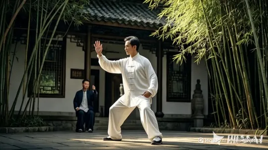 太极拳大师，身子跳跃旋转360度贴二郎腿，稳稳站立 by Hailuo AI Video Generator