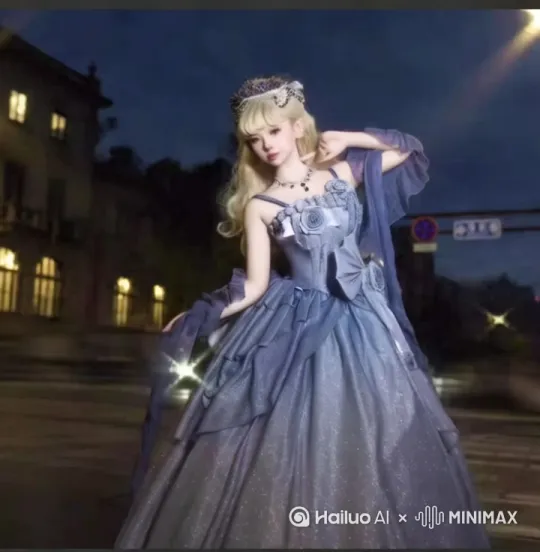 - 一位金发女性，长发自然垂落，发色为明亮的金色，发型优雅且略带波浪。
  - 她穿着华丽的深蓝色礼服，礼服上带有闪亮的装饰，整体设计精致而典雅。
  - 礼服上有大朵的玫瑰花装饰，花瓣层次分明，颜色从浅蓝渐变到深蓝，显得非常立体。
  - 肩部有透明的薄纱披肩，薄纱轻盈飘逸，边缘饰有细腻的蕾丝花纹。
  - 头饰为带有宝石装饰的皇冠，皇冠上的宝石在灯光下闪闪发光，增添了皇室的华丽感。

- **背景描述**：
  - 夜晚的户外场景，建筑物具有古典风格，建筑线条清晰，细节丰富。
  - 窗户透出温暖的黄色灯光，灯光柔和且均匀分布，营造出温馨的氛围。
  - 地面为石板路，表面光滑，反射着周围的灯光，增加了画面的层次感。
  - 远处有几棵树木，树影朦胧，增加了夜晚的神秘感。

- **光影分层**：
  - 主光源来自建筑物窗户的黄色灯光，色温约为3000K，营造出温暖的氛围。
  - 辅助光源模拟月光或街灯，色温约为4500K，增加画面的层次感和深度。
  - 使用F2.8景深将背景虚化，突出主体的立体感和材质质感。
  - 礼服上的闪亮装饰在灯光下闪烁，形成点点星光的效果，增强梦幻感。

- **动态元素**：
  - 女性的动作优雅，轻轻转动身体，薄纱披肩随风飘动，展现出轻盈与灵动。
  - 礼服上的玫瑰花装饰随着动作微微摆动，增加了动态美感。
  - 头饰上的宝石在光线照射下闪烁，形成动态的光斑效果。

- **镜头语言**：
  - 镜头从远处缓缓推进，先展示整个夜晚的户外场景，然后聚焦于女性。
  - 特写镜头捕捉女性的表情和礼服的细节，尤其是头饰和玫瑰花装饰。
  - 动态镜头跟随女性的动作，捕捉她转身时薄纱披肩的飘动和礼服的光泽变化。
  - 使用慢动作捕捉每一个细微的动作，使画面更加流畅和梦幻。

- **技术参数与材质细节**：
  - 材质：礼服面料光滑且有光泽，薄纱轻盈透明，玫瑰花装饰立体且富有层次感。
  - 灯光：主光源和辅助光源配合使用，避免过度曝光或阴影过重。
  - 动态元素：加入轻微的风声和脚步声作为背景音效，使整个场景更加生动逼真。 by Hailuo AI Video Generator