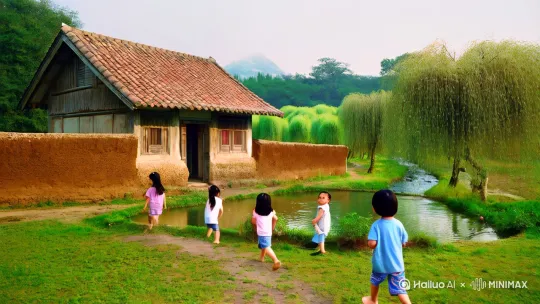 80年代农村的一户人家，住着瓦房、院子用土墙包围，大门是木头制作的，房子南边有鱼塘鱼塘四周有柳树，房子北边有桃园，西边有小溪，小溪旁边有桑树，夏日一个雨后的下午，无个小孩在小溪里捉鱼 by Hailuo AI Video Generator