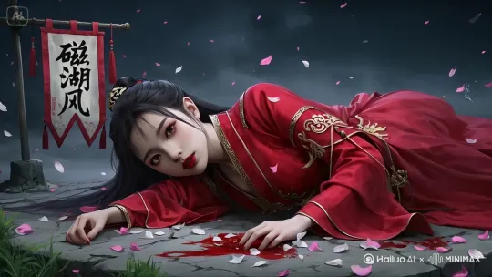 风吹动旗帜作响，风吹动花瓣漫天飞舞，女孩嘴角淌出血 by Hailuo AI Video Generator