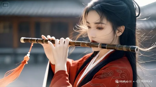 女子聚精会神吹笛，风吹动头发丝和箫上面的挂坠，镜头迅速拉近，动态展示图片的故事情节
 by Hailuo AI Video Generator