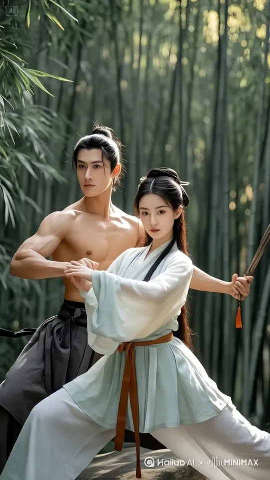 让图片中羙男，美女，练武动作，快速动起来， by Hailuo AI Video Generator
