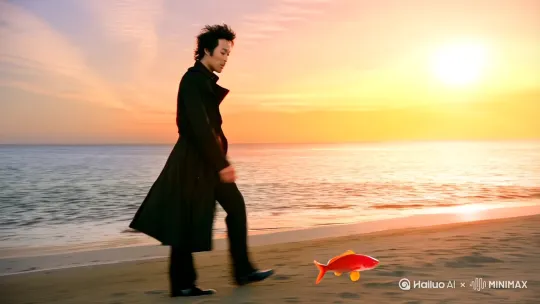 夕阳西下，一个英俊潇洒的中国男人独自在海边漫步，海风吹起他黑色的风衣和头发，他的脸上写满了迷茫，突然他看见不远处有一条红色的小鱼在海滩上挣扎着想要返回大海，他跑过去弯下身子把它捧在手里，这一刻奇迹发生了，小红鱼从他手上一跃而下落在沙滩上瞬间变成了一个穿着红色衣服的美少女，她站在她面前笑得是那么的灿烂。男人惊呆片刻，随后笑着挽起女孩的手，两人手牵手一起走在沙滩上，此时夕阳更美听海啸伴佳人 by Hailuo AI Video Generator