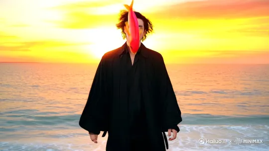 夕阳西下，一个英俊潇洒的中国男人独自在海边漫步，海风吹起他黑色的风衣和头发，他的脸上写满了迷茫，突然他看见不远处有一条红色的小鱼在海滩上挣扎着想要返回大海，他跑过去弯下身子把它捧在手里，这一刻奇迹发生了，小红鱼从他手上一跃而下落在沙滩上瞬间变成了一个穿着红色衣服的中国美少女，她站在她面前笑得是那么的灿烂。男人惊呆片刻，随后笑着挽起女孩的手，两人手牵手一起走在沙滩上，此时夕阳更美听海啸伴佳人 by Hailuo AI Video Generator