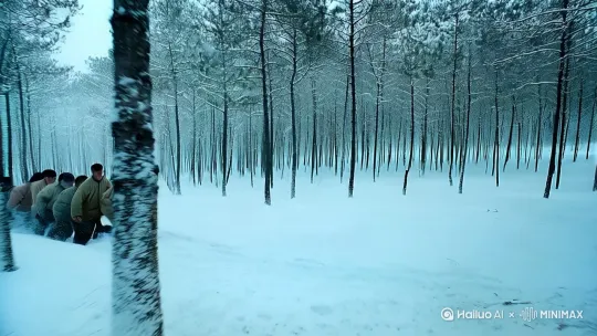 【开篇：凝固的时光】
镜头缓缓推入一片银装素裹的松树林，积雪压弯了枝头，风声裹挟着零下40度的寒意呼啸而过。画面定格在1969年的北大荒，一群身着臃肿棉衣的知青，踩着齐膝深的积雪，在土坯房前升起袅袅炊烟。旁白响起：“这是属于一代人的寒冬，冰霜覆盖了荒原，却冻不住青春的热血。”
 
 
【场景一：土坯房与冬日的“家”】
低矮的土坯房被积雪半掩，墙缝塞着乌拉草御寒，屋内仅靠火炕和铁皮炉子取暖。镜头扫过结冰的窗花，定格在炕头几本卷边的《毛选》和冻硬的窝头。女知青用哈气暖着手，在煤油灯下写信：“爸妈，我们住的房子是自己盖的，墙是泥夯的，屋顶是羊草苫的，虽冷，但能遮风挡雪……” 房梁上垂下的冰溜子被晨光映得透亮，门外传来马儿的响鼻声——马拉爬犁已载着伐木工具等候出发。
 
 
【场景二：松树林中的鏖战】
镜头切换至原始松树林，知青们挥舞斧锯，呼出的白气瞬间凝成冰霜。积雪中，碗口粗的落叶松轰然倒下，惊起一群寒鸦。“顺山倒！”的号子在山谷回荡。马拉爬犁拖着木材穿梭林间，爬犁辙印很快被新雪掩埋。旁白引用老知青的回忆：“伐木时瞎蠓像轰炸机，一巴掌能拍死六七只，可谁也顾不上疼，只想着多备点柴过冬。” 傍晚，一群人围着篝火烤冻僵的手，铁饭盒里化开的雪水煮着松针茶，苦涩中透着一丝清甜。
 
 
【场景三：冰河上的生死时速】
特写一双皲裂的手从冰窟窿里捞出活蹦乱跳的鲫鱼，马拉爬犁载着鱼获驶向连队。突遇暴风雪，马儿在齐腰深的雪中艰难挪动，知青们跳下爬犁推车，棉帽结满冰碴。画外音是1970年冬捕亲历者的描述：“江水煮江鱼，就着北大荒酒，那鲜味一辈子忘不了。可那夜差点冻死在路上，是马儿的体温救了人……” 镜头拉远，天地苍茫间，爬犁化作雪原上一个倔强的黑点。
 
 
【尾声：荒原不荒】
航拍镜头掠过如今北大荒的万亩良田，渐次叠化回旧影像：知青们挤在土坯房前合影，身后的松树林还挂着未摘的标语牌。字幕浮现：“昔日的‘马架子’已成历史，但松树林记得每一道斧痕，黑土地记得每一滴汗水。” 最后定格在雪地上深深浅浅的爬犁印，仿佛拓印着那个年代的体温与信仰。
 
【落版字幕】
“谨以此片致敬将荒原变成粮仓的垦荒者——他们的冬天，温暖了中国的春天。”
[推进,上升] by Hailuo AI Video Generator