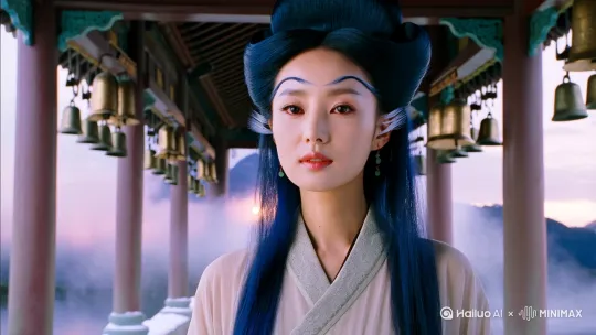 她立在廊下，恰似水墨画里晕开的一笔惊鸿。柳叶眉间凝着远山薄雾，丹凤眼尾微挑，流转间若含半盏未化的春雪。鸦青色长发绾作云髻，鬓角散落的碎发被风拂起时，恍若游丝牵引着暮色。素手执纨扇的姿势，让腕间翡翠镯与象牙扇骨碰撞出泠泠清响，恰合了檐角铜铃的韵律。 by Hailuo AI Video Generator