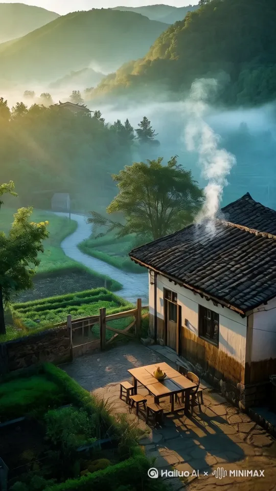 炊烟袅袅升起，树梢上的枝在摆动。镜头由远到近，环绕运镜 by Hailuo AI Video Generator