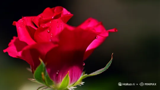 ：画面中，一朵娇艳欲滴的红玫瑰在微光下缓缓旋转，花瓣上还带着晶莹露珠。突然，玫瑰周身泛起柔和粉光，光芒逐渐变强，将玫瑰完全笼罩，模糊了其轮廓。[左移,右摇,跟随] by Hailuo AI Video Generator