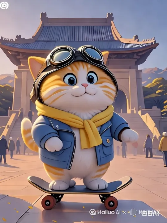 肥猫踩着滑轮从左往右滑行然后再转圈 by Hailuo AI Video Generator