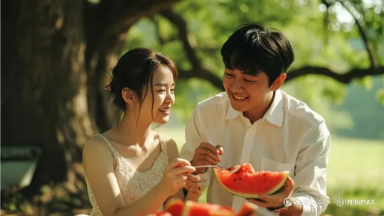 夏日炎炎，中国的帅哥美女一对小情侣依靠在乡下大树下乘凉，美女先用不锈钢勺子给帅哥喂了一口西瓜， by Hailuo AI Video Generator