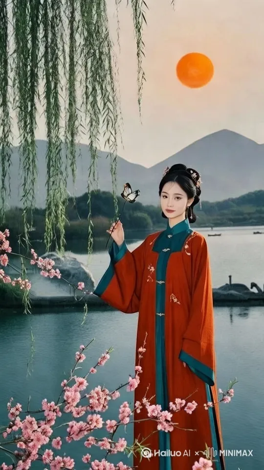 要求，图中美女自由在河边走动，镱头跟随羙女衣服和头发随风飘动，蝴蝶在美女指尖飞舞，柳丝摆动，花草摆动，水动起来高清 by Hailuo AI Video Generator