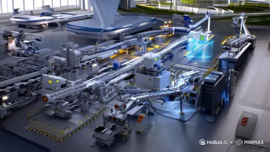 AI模拟的煤化工车间3D建模→新能源汽车生产线机械臂与虚拟工程师协作→智慧园区无人驾驶物流车穿梭 by Hailuo AI Video Generator