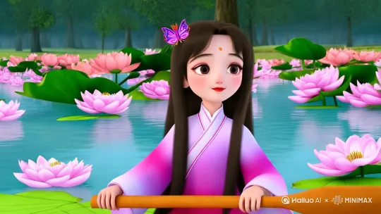 活泼古风少女(头戴蝴蝶发簪、长发披肩、穿粉白渐变襦裙)，划着小船在密集的荷花丛中，她仰头望向天空，镜头急速上摇，跟随从荷花丛中飞起的白色鸥鹭群，羽毛与蒲公英同步飘落，水面倒影鸟群掠影，镜头急速抬升展现鸟群与少女的渺小对比，中国古代卡通，明亮的色彩，3d皮克斯风格 by Hailuo AI Video Generator